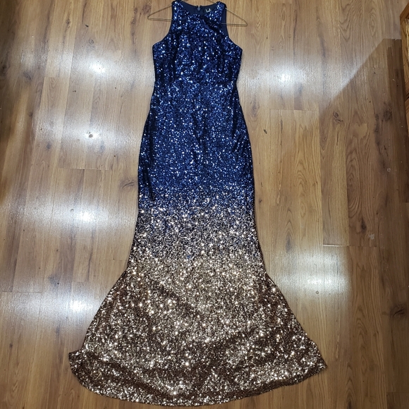 Lulu's Blue and Gold Ombre Halter Mermaid Dress! - Picture 3 of 9